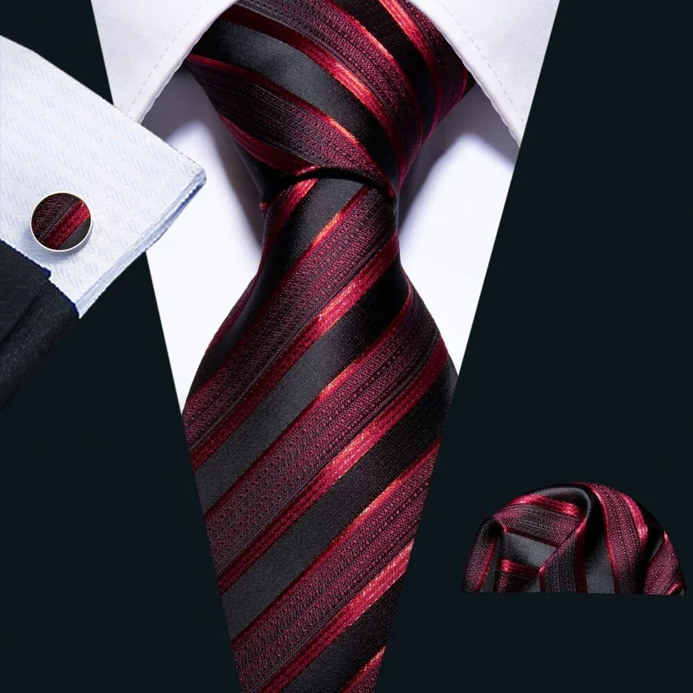 Boys Silk Necktie Black Red Vertical Stripes